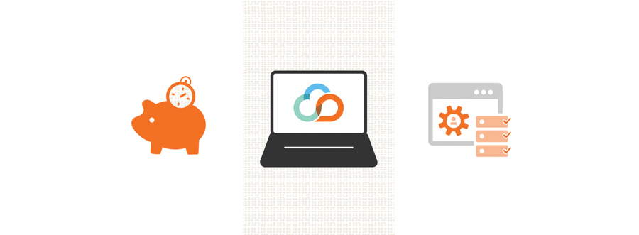 Three Icons - Piggy Bank with Stop Watch, Laptop With Kivuto Cloud Logo, and Platform with User Settings