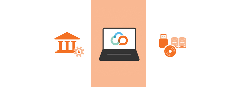 Three Icons - School with Cog and user, Laptop With Kivuto Cloud Logo, and Resources USB, Book, and CD