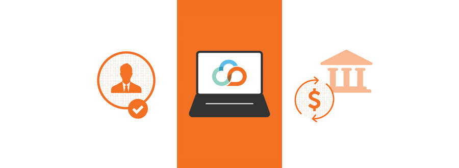 Three Icons - User With Checkmark, Laptop With Kivuto Cloud Logo, and School With Dollar Sign